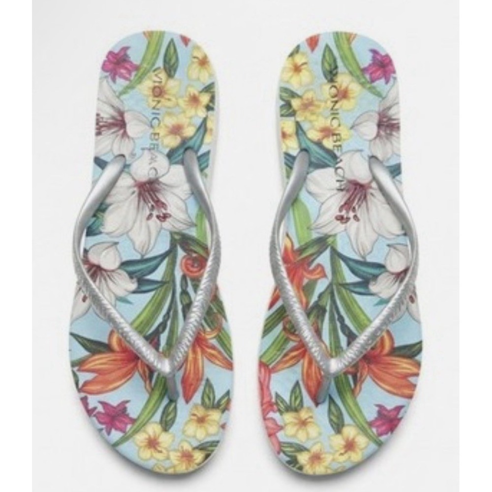 Vionic Flip Flops Womens Beach Noosa Blue Tropical Floral Silver Sandals Size 8
